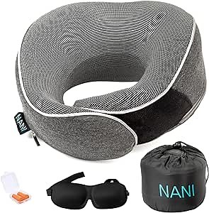 NANI Memory Foam Travel Pillow - Neck Pillow for Traveling on Plane, Neck Pillows for Sleeping Travel, Neck Support Pillow, Travel Pillows for Sleeping Airplane with Carry Bag (Grey)