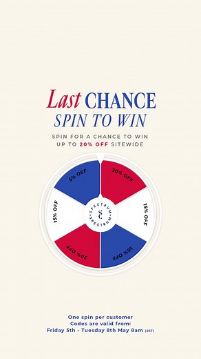 Happy Monday babes! It’s your LAST CHANCE to spin the Spectrum Wheel and reveal your exclusive bank holiday discount! 👑 Win up to 20% OFF site wide! 🇬🇧 Up to 20% OFF 🇬🇧 One spin per customer 🇬🇧 Codes valid from 5th May - 9th May 🇬🇧 Promo ends Tuesday 9th May 8am BST www.spectrumcollections.com | Spectrum Collections