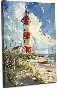 ZHOUWALLPIC Lighthouse Canvas Wall Art Tree Lighthouse Seagull Sky Paintings Farmhouse Scenery Picture Prints Home Decors(Artwork-4,12x16inch (30x40cm))