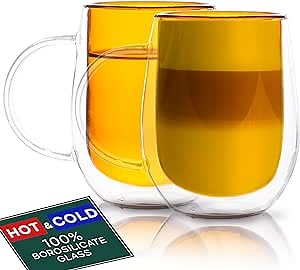 Double Walled Glass Coffee Mugs 10 oz - Double Wall Glass Latte Cup Set of 2 - Yellow Insulated Borosilicate for Hot and Cold Beverages Drinks Tea Capuccino
