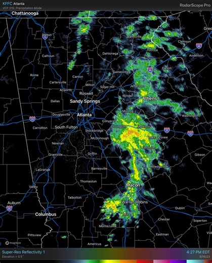 Radar Update [9/16/23 @ 5:05 PM] Dreary conditions this evening as clouds hang around & an area of rain showers (no lightning being observed⚡️) continues to drift east. A brief reprieve from rain over the next few hours across portions of West GA, though rain chances will start to ramp back up again overnight ahead of a cold front. #gawx | US National Weather Service Peachtree City Georgia