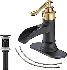 Black and Gold Bathroom Faucet Waterfall Sink Single Hole with Pop Up Drain with Overflow Single Handle Vanity Lavatory Farmhouse Tap Deck Mounted