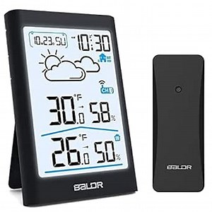 BALDR Wireless Weather Station, Digital Indoor Outdoor Thermometer Hygrometer with Backlight LCD Display, External Sensor and Alarm Clock, Ideal for Weather Forecast Monitoring (Black)