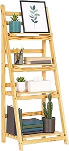 IDZO 4 Tier Wooden Ladder Shelf 44 in Bookcase Ladder Shelf Storage Shelves Rack Shelf Unit for Office and Home 44 x 16.5 inches Natural