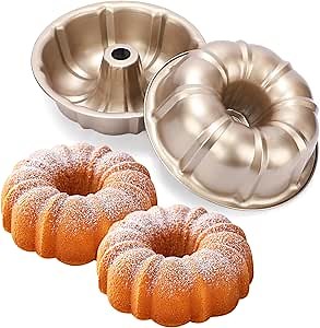 Nuogo 2 Pack 10 Inch Non Stick Fluted Tube Cake Pans, 10 Cups Fluted Pans for Baking Heavy Duty Carbon Steel Tube Pan Baking Mold for Baking, Brownie, Meatloaf(Gold)
