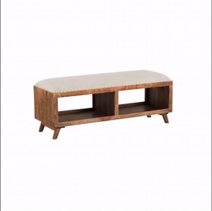 Powell Karmen Natural Mango Wood Open Face Backless Storage Bench with Linen Upholstered Seat