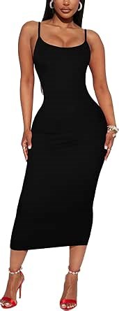 Amazon.com: Vestido ajustado midi ajustado para mujer, tirantes delgados, verano, casual, estampado de leopardo, fiesta, club, fiesta, vestidos largos ajustados, Negro -, XS : Ropa, Zapatos y Joyería