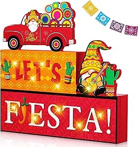 Menkxi Mexican Fiesta Table Sign Decor with Lights LED Wooden Mexican Fiesta Centerpiece Sign Battery Operated Cinco De Mayo Party Tiered Tray Decor Mexican Table Block Sign for Home Farmhouse Decor