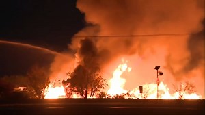 Firefighters battled a massive fire at a pallet facility near Tracy on Thursday. FULL VIDEO: https://bit.ly/49xMXN4 (Courtesy: Fox News Edge) | FOX26