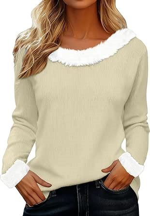 Amazon.com: Christmas Sweaters for Women Faux Fur Trim Boat Neck Xmas Merry Pullover Tops Long Sleeve Holiday Sweatshirts Knitted Beige : 服裝，鞋子和珠寶