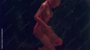 Rotating female suspended in liquid with rising bubbles. Genetically engineered clone. Human cloning. 3d animation render