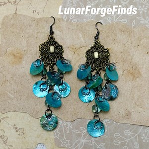 Vintage Brass-tone Metal & Turquoise Resin Disc Cluster Dangle Earrings - Layered Cascade With Ornate Metal Accent Jewelry - Etsy