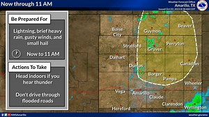 Tuesday, October 3rd, 2023 9:01 AM - A few thunderstorms are ongoing in the central and northern Panhandles and are likely to continue over the next couple hours. Lightning, gusty winds, brief heavy rain, and small hail may occur. Head indoors if you hear thunder. | US National Weather Service Amarillo Texas