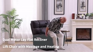 Faux Leather Recliner Chairs for Adults Elderly 180° Lay Flat Heavy Duty Single Sofa with Heat and Massage, Dual OKIN Motor Infinite Position with Side Pockets, Hidden Cup Holders (Gray)