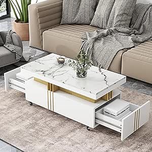 Lifeand Contemporary Coffee Faux Marble Top, Rectangle Cocktail Caster Wheels, Moderate Luxury Center Table with Gold Metal Bars for Living Room, 1, White