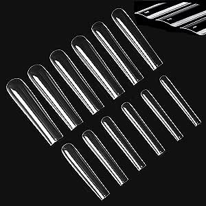 Upgrade 3XL Tapered Square Full Cover Nail Tips - WOWITIS 504 Pcs XXXL Super Long Flat Tapered Square Acrylic Fake Nail Tips Clear Flattened Straight None C Curve Nail Tips for Women Girl with Bag