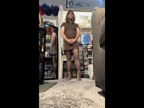 Crossdresser Kayla ~ Floor View all brown Outfit - Wolford satin touch 20 pantyhose & heels/ boots