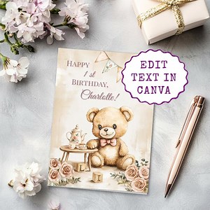 Teddy Bear Birthday Card: Baby Girl Tea Party Theme (canva Template, Printable 5x7) - Etsy Canada