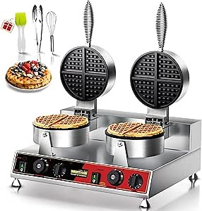 WantJoin Commercial Belgian Waffle Maker - Electric Double Waffles Iron, Stainless Steel Large Chaffle Machine, 2500W 122-482℉ | 180° Rotating | Black Non-stick Coating | Metal Anti-scalding Handle