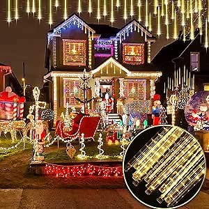 pinlo Meteor Shower Lights Outdoor 20 in*12 Tubes Meteor Lights,Connectable Raindrop Snowfall Lights for Tree Yard Party Patio Lights(Warm White)