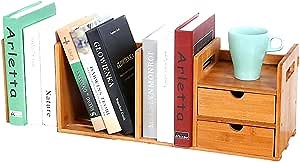 FUYUN Bamboo Desktop Bookshelf Adjustable Desk Organizer Shelf Storage Rack for Office Supplies and Home (Bamboo with 2 Drawers)
