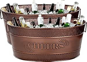 BREKX Copper Beverage Tubs for Parties, Large Ice Buckets with Handles, Celebration Cheers Design, 2-Pack of 6-Gallon Ice Buckets for Parties, Hosting Essentials