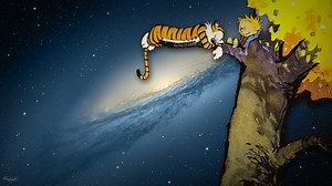 Calvin and Hobbes sleeping on a tree branch in space Rare Gallery wallpaper