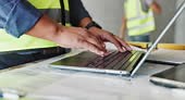 Man, laptop and contractor hands on construction site, design layout...