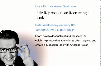 Free Professional Webinar by Milady & Stylez 🥳 Hair Reproduction: Recreating a Look Date: Wednesday, January 11, 2023, at 2:00 PM ET / 11:00 AM PT Duration: 90-minutes (instant certificate of completion through individual https://www.miladytraining.com/ accounts) Clients often come into the salon or shop and show a photo of a look they want. In this free webinar, Angel del Solar will be live in the Stylez Studio to demonstrate how to use deconstruction to replicate the celebrity photos that cli