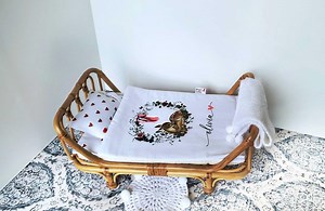 Personalized Doll Bedding Set—Fawn Print Toy Bedding—Handmade Doll Blanket with Pom-Poms—18 Inch Doll Quilt—Custom Name Gift for Baby Girls