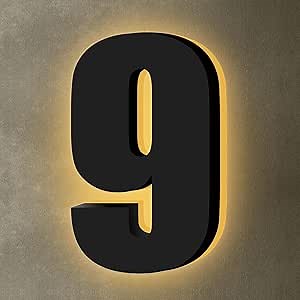 Backlit LED Home Address Numbers, 5 Inch House Numbers, Stainless Steel Hand-Polished Waterproof for House Address Signs, Lighted House Numbers for Outside Modern, Low-Voltage, Yard, Shop (9, Black)