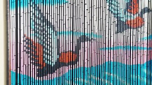 Flying Cranes Over Sunset Lake Beaded Curtain, Hand-Painted Hanging Door Curtain, Natural Wood Doorway Beads, 36" x 79", 90 Strings, Handmade Wooden Room Divider for Doorways & Windows