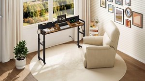 Overbed Table with Charging Station, Laptop Desk with Wheels, Recliner Table Height Adjustable, Over The Bed Table Have Cup Holder and Storage, Side Table for Bedroom, Rustic Brown SF04UBR