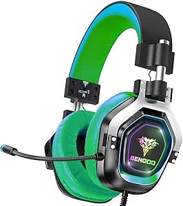 BENGOO Gaming Headset Headphones for PS4 Xbox One PC【4 Speaker Drivers】 Over Ear Headphones with RGB LED Lights, 45° Adjustable Soft Memory Earmuff, 720° Noise Canceling Microphone for Gamecube