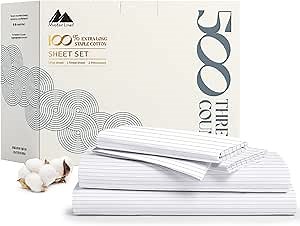 Mayfair Linen 100% Cotton Printed Bed Sheets Full Size Set - 500 Thread Count Cotton Sheets for Full Size Bed, 4 PC Set (Pinstripe - Light Grey), Soft, Cooling, Sateen Weave 16" Deep Pocket Bedsheet