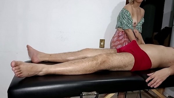 He managed to take off the masseuse's clothes and convince her to give him a blowjob and sit on him.