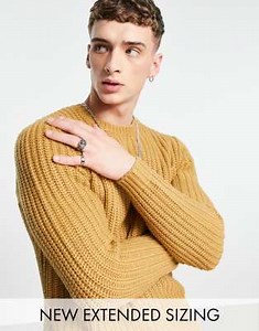 ASOS DESIGN heavyweight fisherman rib crew neck sweater in light brown | ASOS