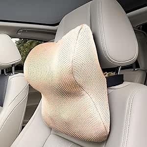 Car Headrest Pillow, Car Neck Pillow, Softness Car Headrest Pillow, 100% Memory Foam and Breathable Removable Jacket, Ergonomic Car Neck Pillow for Neck Pain Relief (Beige)
