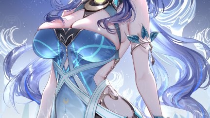 video game girls, thighs, hair over one eye, looking at viewer, huge breasts, parted lips, bare shoulders, cleavage, women outdoors, women with swords, thick thigh, Pottsness, gradient hair, Lauma  (Genshin Impact), Genshin Impact, Moon, portrait display, antlers, dress, water, jewelry, starred sky, holding sword, night, pointy ears, pelvic curtain, signature, clothing cutout, watermarked, nail polish, full moon | 1400x2300 Wallpaper - wallhaven.cc