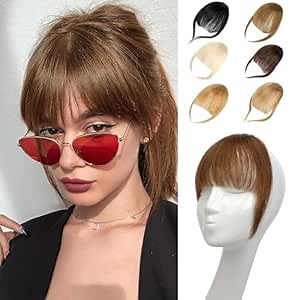 Bangs Hair Clip in Bangs,100% Real Human Hair Extensions French Bangs Clip on Curtain Flat Bangs Fringe with Temples Hairpieces for Women Brown