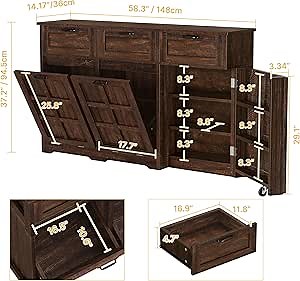 DWVO Double Trash Can Cabinet with Drawers, Kitchen Island with Hidden Trash Can Storage, 20 Gallon Laundry Hamper, Brown Oak