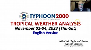Nov 02-04, 2023 Update: Shear Line Affecting Cagayan Valley As T2k Turns 26 yrs. Old. Mr. Typhoon's English Update: Nov 02-04, 2023 (Thu-Sat) Diffused Shear Line affecting Extreme Northern Luzon particularly Cagayan, as Typhoon2000 (T2k) turns 26 years. Tropical Cyclone Formation over the Philippine Sea and South China Sea not expected through November 12. To find out more, check out our T2K Tropical Weather Analysis recorded at 5:30 PM Manila Time (09:30 GMT) Nov 02, 2023, as presented by Mike 