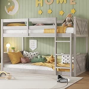 Twin Over Twin Low Bunk Beds with Rustic Headboard & Footboard – Solid Rubber Wood Floor Bunk Bed Frame, No Box Spring Needed, Perfect Small Bunked Frames for Kids, Teens, Boys Girls, Antique White