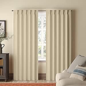 Double Pinch Pleat Blackout Curtains Thermal Insulated Room Darkening Drapes for Bedroom/Livingroom 2 Panels W(36"+36") L45,Tiebacks,Hooks (Beige, 72"x45")