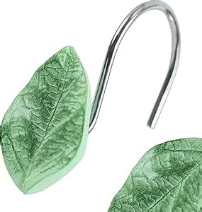Green Leaf Shower Curtain Hooks: 12 Pcs Decorative Hooks for Floral Leaves Tropical Plant Botanical Spring Flower Tree Themed Shower Curtain - Farmhouse Boho Shower Curtain Rings for Bathroom