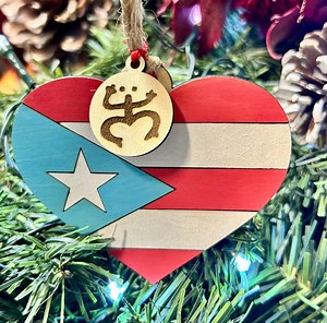 Puerto Rican Flag Ornament – Wood Heart With Taíno Coqui - Etsy