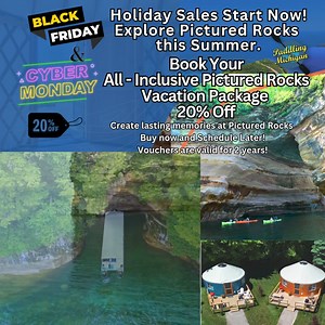 Holiday Sales Start Now! Get 20% off a Pictured Rocks All Inclusive Adventure Package! Book today and schedule your dream summer getaway later! Kayak and cruise along Lake Superior's most stunning shore line. Unwind on the beach in a private Yurt or Safari Tent. The biggest sale of the year, give the gift of adventure this holiday season. | Paddling Michigan