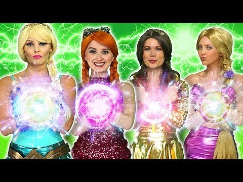 DISNEY PRINCESS MAGIC SUPERPOWERS. (Rapunzel, Elsa, Belle, Tiana, Anna vs Maleficent and Gaston)