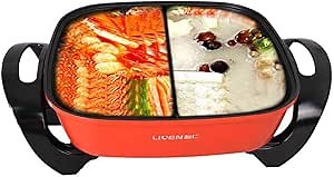 LIVEN 5L Electric Shabu Shabu Hot Pot with Divider Hot Pot Electric Large Hotpot with Glass Lid 1600W 120V