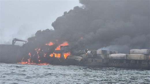 Tanker and container ship ablaze after major shipping collision